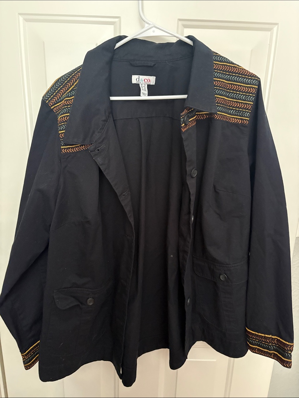d&co Black Button-Down Shirt Jacket with Multicolor Embroidered Trim